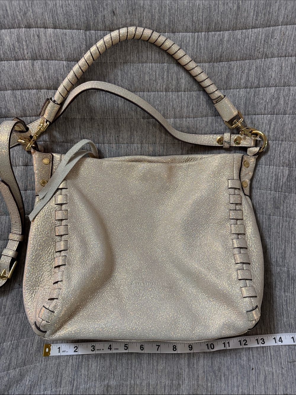 Aimee Kestenberg Shimmery Cream Shoulder Bag with Woven Side Detail